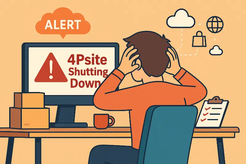 Flat illustration of a worker reacting to a computer alert reading ‘4Psite Shutting Down,’ symbolizing urgent migration to a cloud-based order management system.