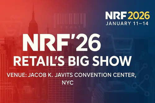 Banner for NRF’26 Retail’s BIG Show at Jacob K. Javits Convention Center, NYC featuring NYC skyline, NRF 2026 logo, and retail icons in red and blue color scheme.