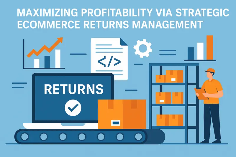 Flat-style digital illustration showing ecommerce returns optimization with automation, analytics charts, and warehouse logistics workflow.