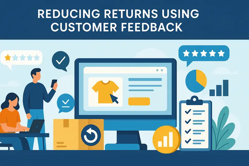 Flat-style illustration showing ecommerce feedback process with customers, survey icons, and analytics improving return reduction.